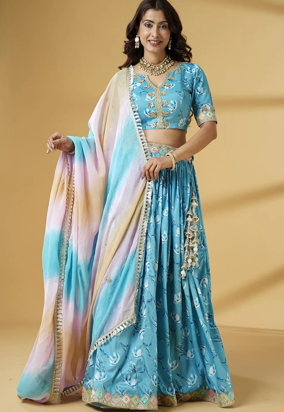 Digital Printed Satin Lehenga in Sky Blue
