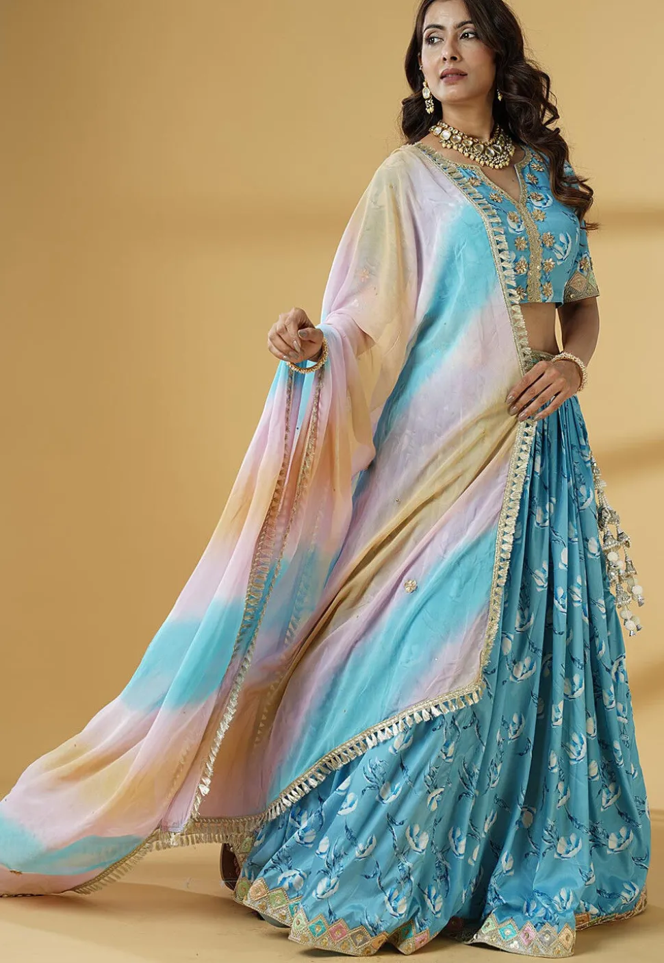 Digital Printed Satin Lehenga in Sky Blue