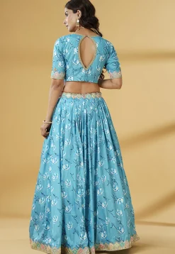 Digital Printed Satin Lehenga in Sky Blue