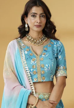 Digital Printed Satin Lehenga in Sky Blue