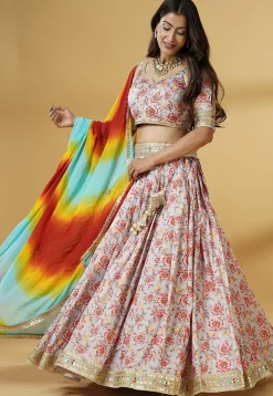 Digital Printed Satin Lehenga in Grey