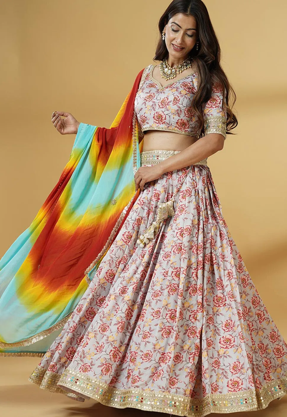 Digital Printed Satin Lehenga in Grey