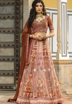 Digital Printed Satin Lehenga in Peach
