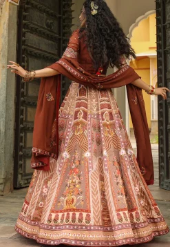 Digital Printed Satin Lehenga in Peach