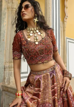 Digital Printed Satin Lehenga in Peach