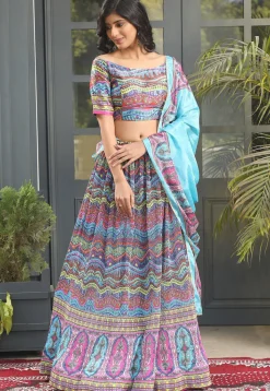 Digital Printed Satin Lehenga in Multicolor