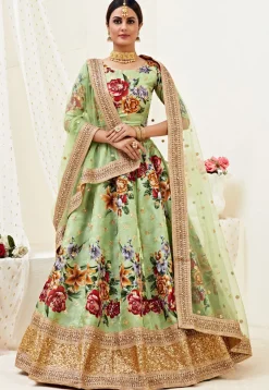 Digital Printed Satin Lehenga in Light Green