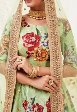 Digital Printed Satin Lehenga in Light Green