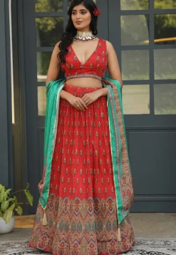 Digital Printed Satin Lehenga in Red