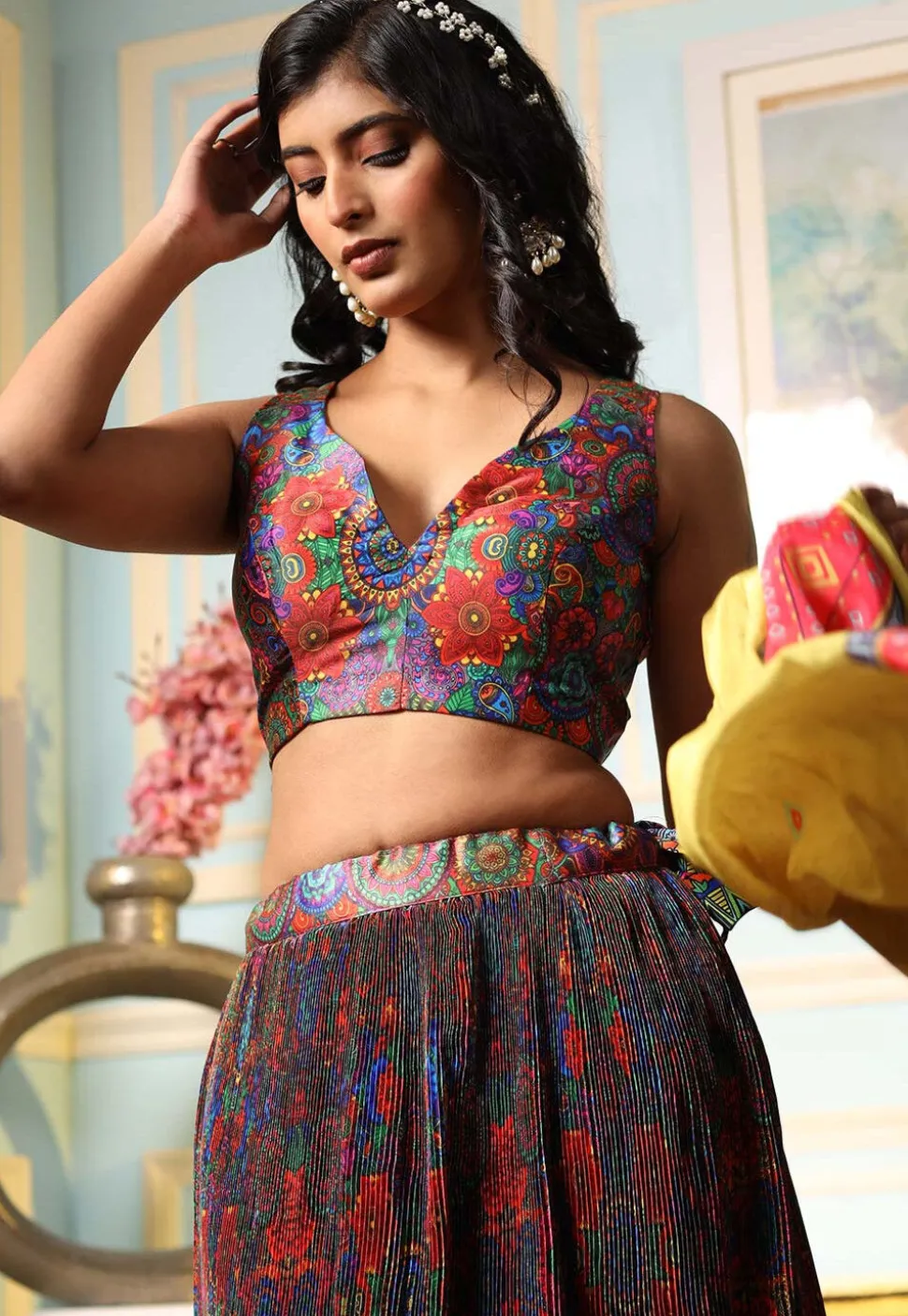 Digital Printed Satin Lehenga in Multicolor