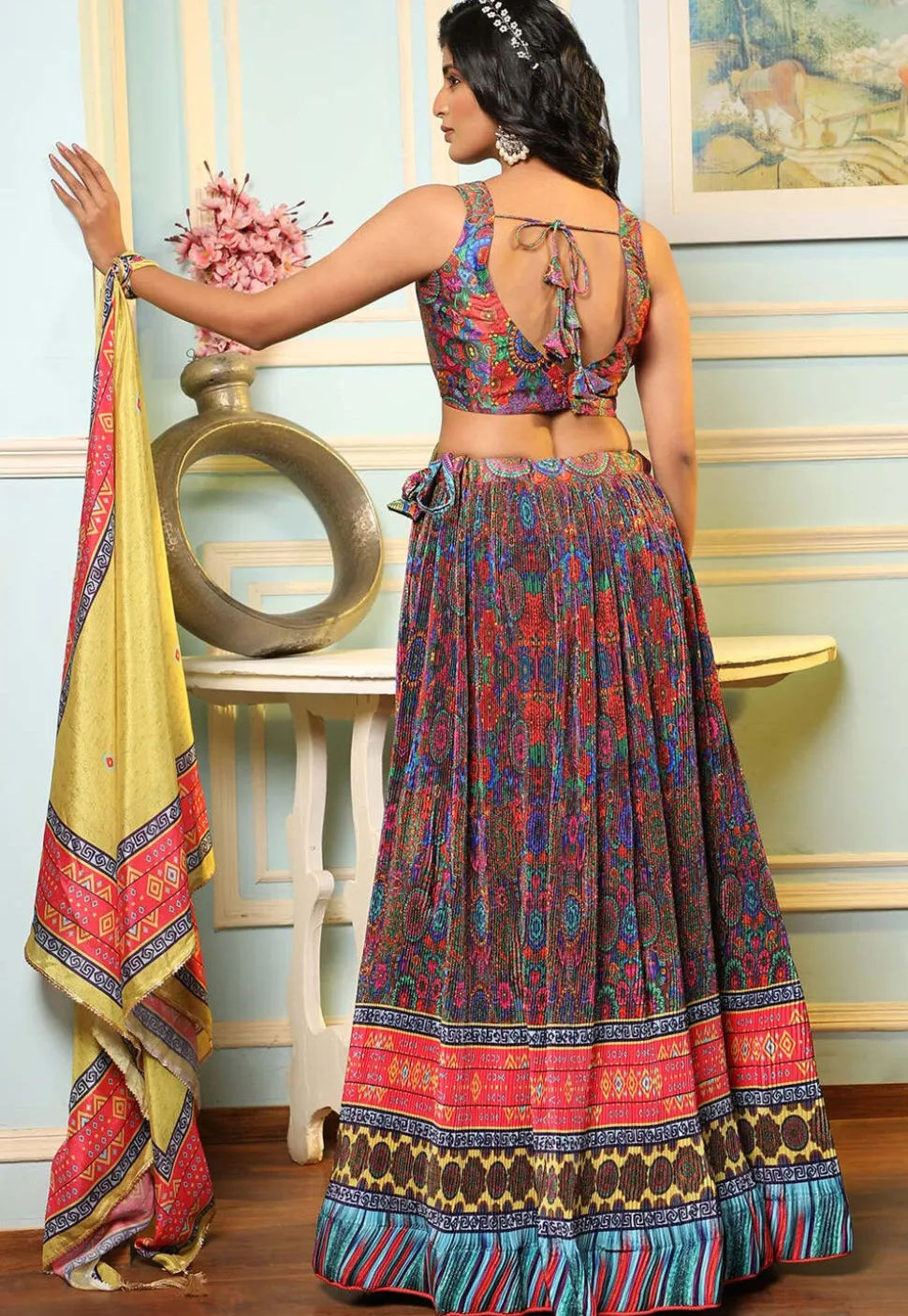 Digital Printed Satin Lehenga in Multicolor