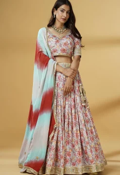 Digital Printed Satin Lehenga in Grey
