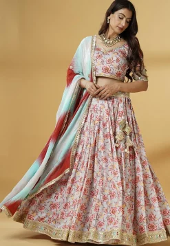 Digital Printed Satin Lehenga in Grey
