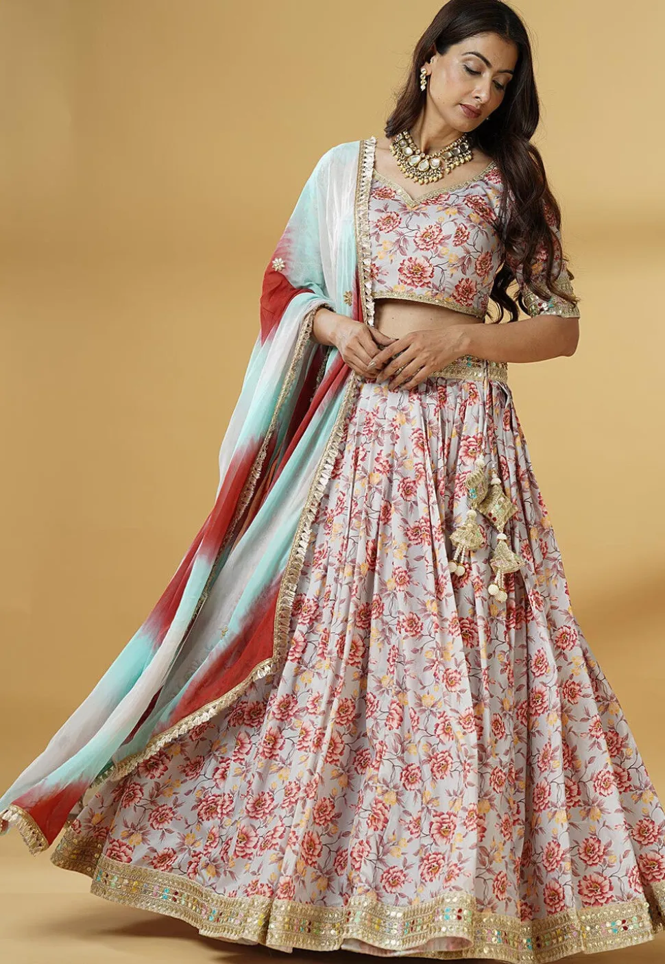 Digital Printed Satin Lehenga in Grey