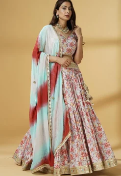 Digital Printed Satin Lehenga in Grey