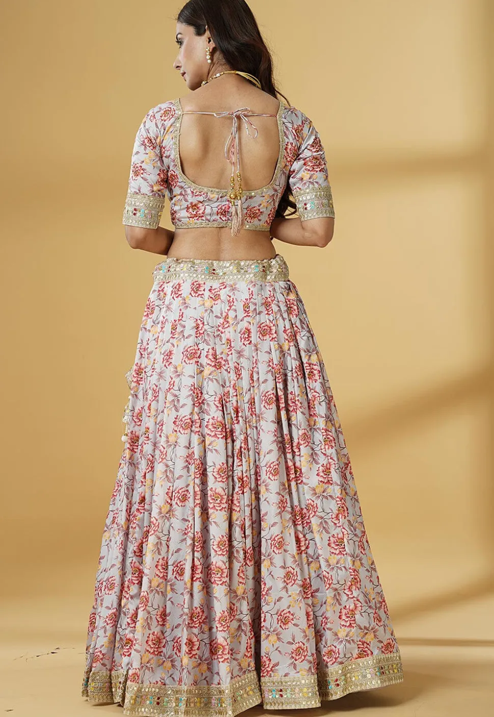 Digital Printed Satin Lehenga in Grey