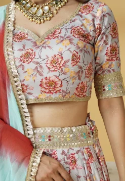 Digital Printed Satin Lehenga in Grey