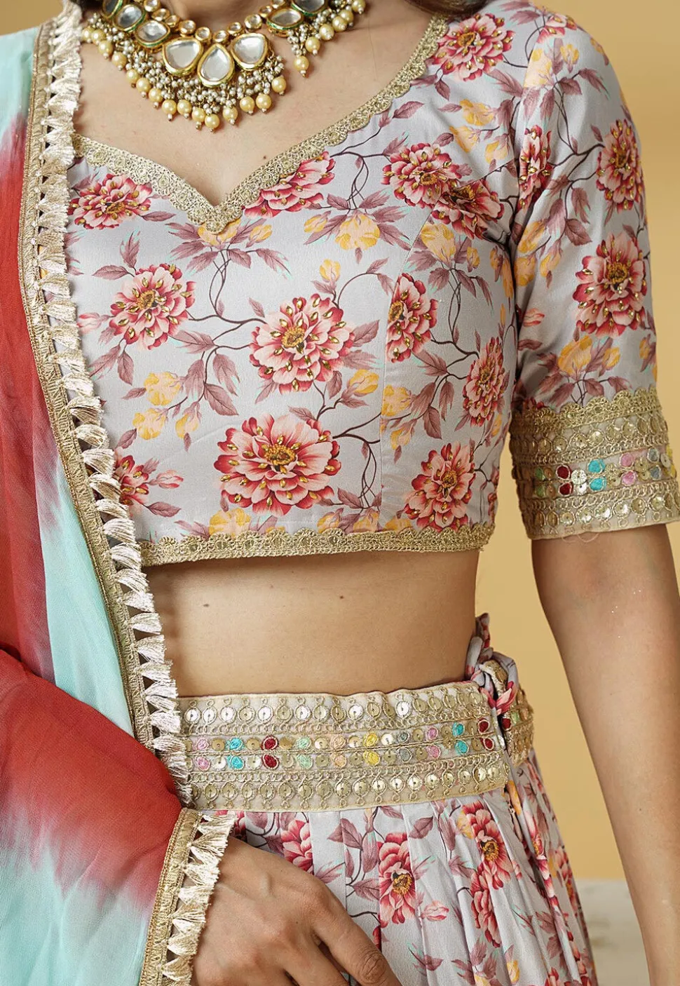 Digital Printed Satin Lehenga in Grey