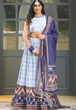 Digital Printed Satin Lehenga in Off White and Blue