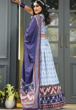 Digital Printed Satin Lehenga in Off White and Blue