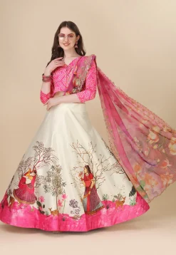 Digital Printed Satin Lehenga in Cream