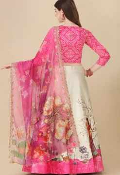 Digital Printed Satin Lehenga in Cream