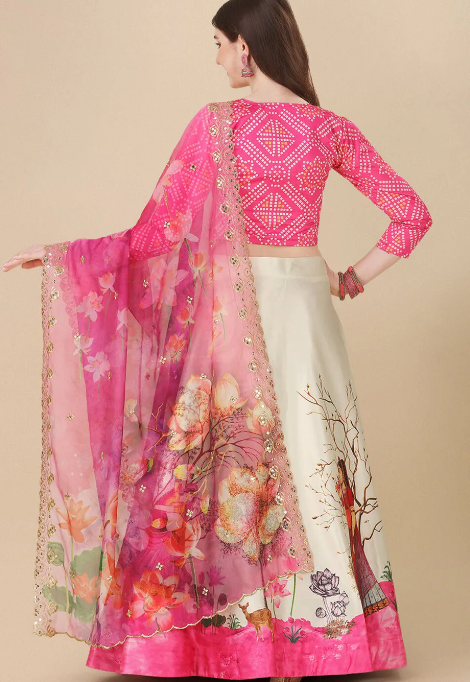 Digital Printed Satin Lehenga in Cream