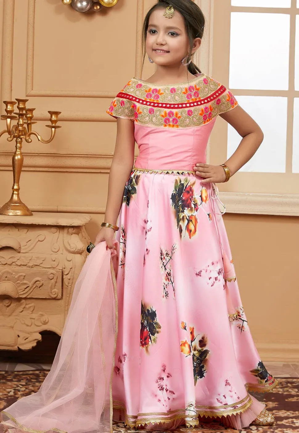 Digital Printed Satin Lehenga in Pink