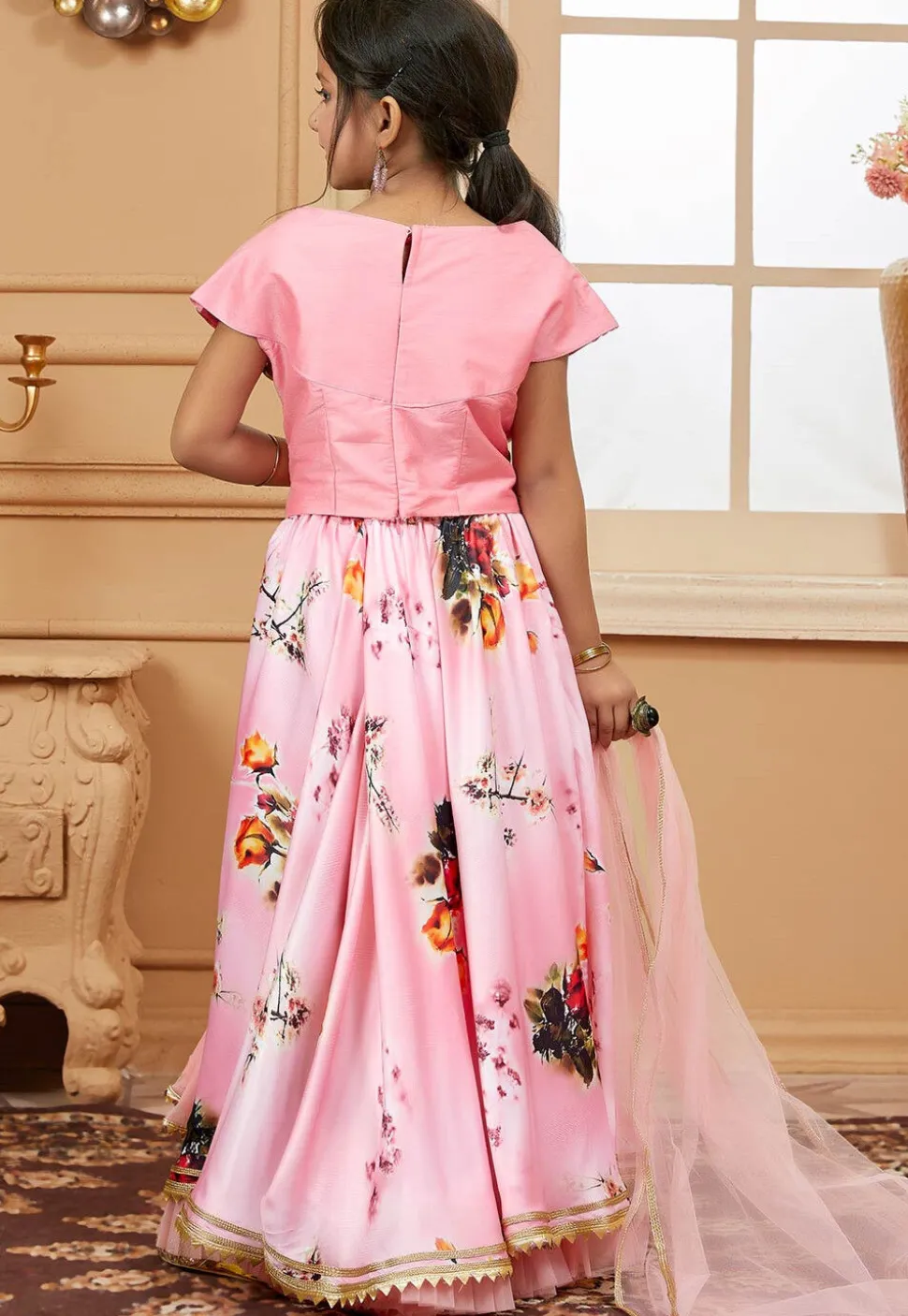 Digital Printed Satin Lehenga in Pink
