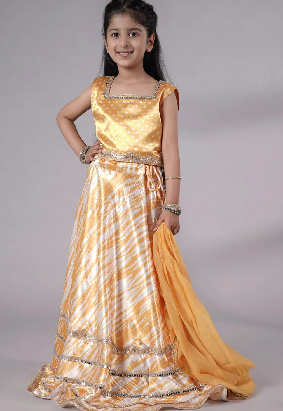 Digital Printed Satin Lehenga in Off White and Yellow