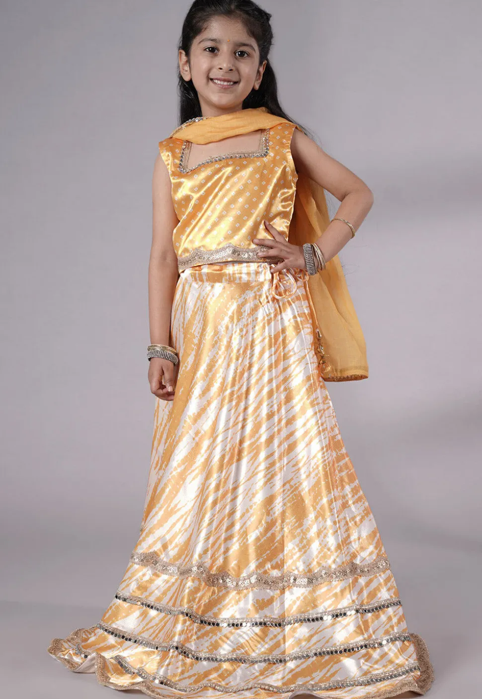 Digital Printed Satin Lehenga in Off White and Yellow