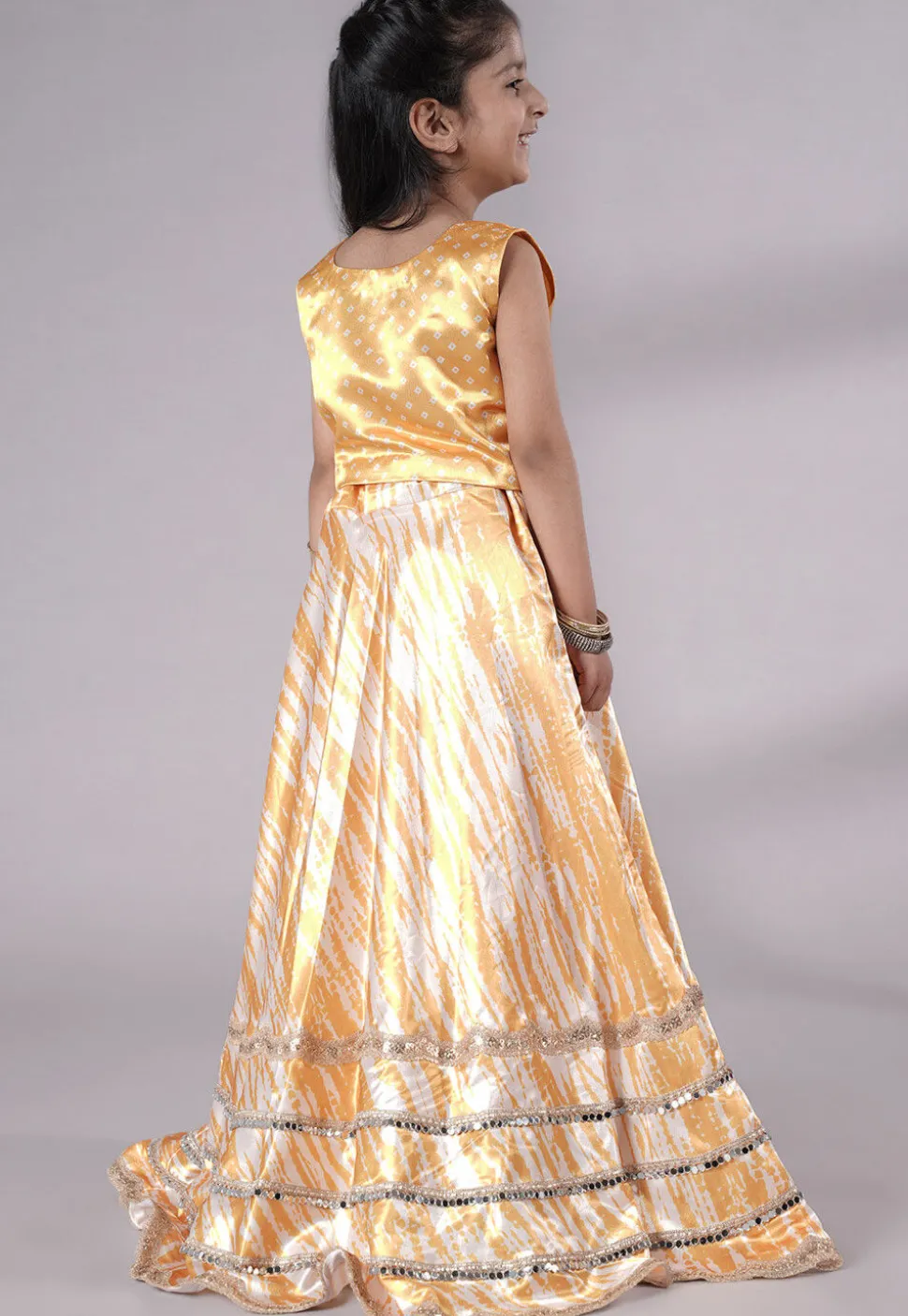 Digital Printed Satin Lehenga in Off White and Yellow