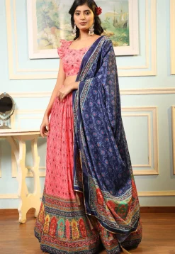 Digital Printed Satin Lehenga in Pink