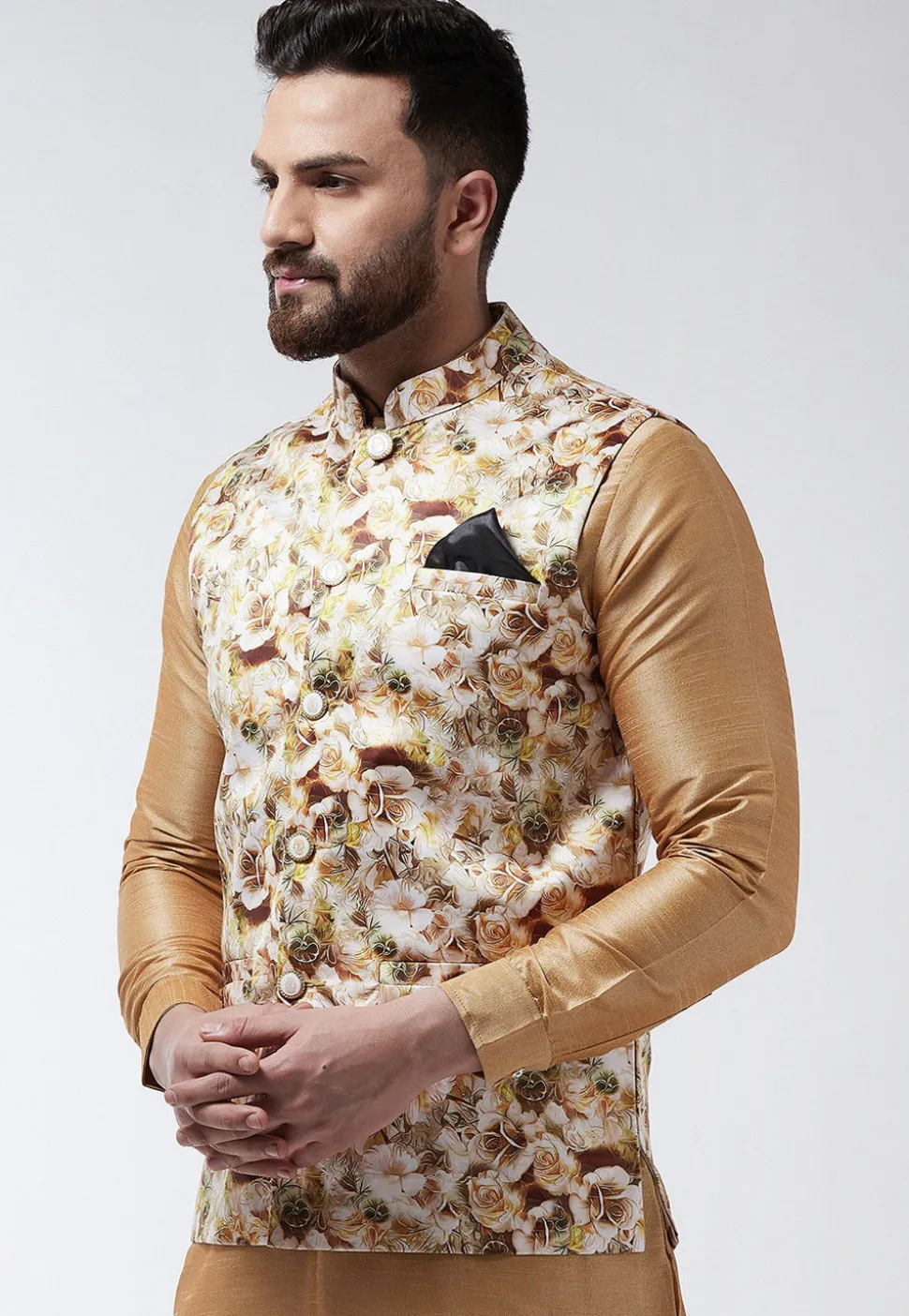 Digital Printed Satin Nehru Jacket in Light Beige