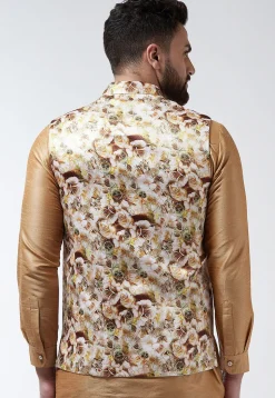 Digital Printed Satin Nehru Jacket in Light Beige