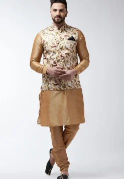 Digital Printed Satin Nehru Jacket in Light Beige