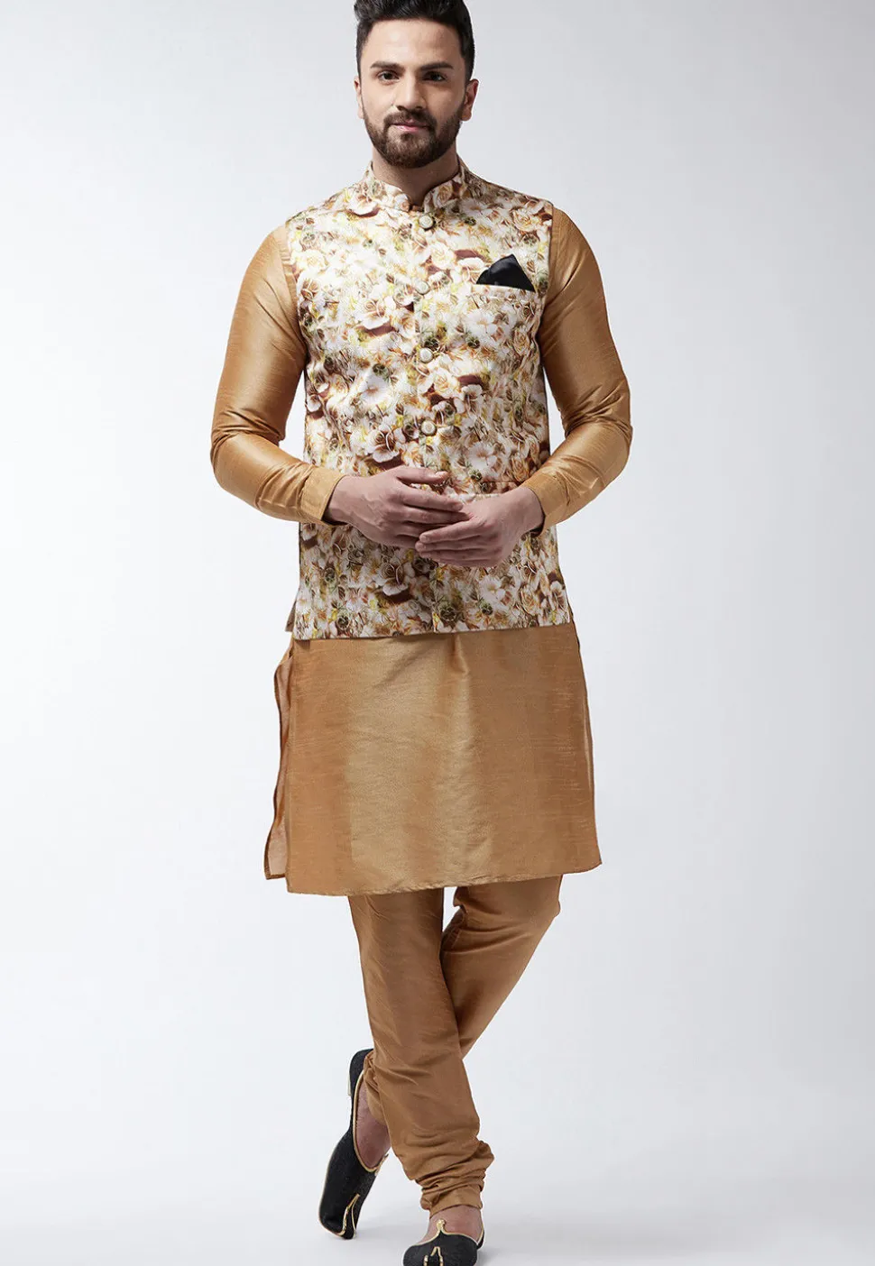 Digital Printed Satin Nehru Jacket in Light Beige