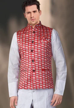 Digital Printed Satin Nehru Jacket in Red