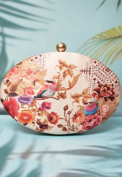 Digital Printed Satin Oval Clutch Bag in Off White and Multicolor