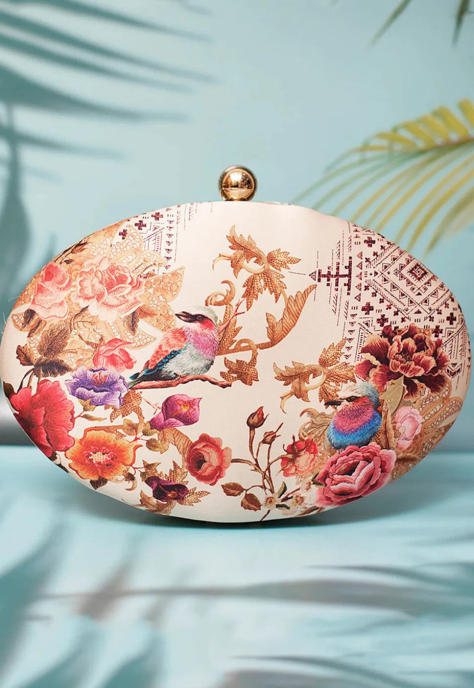 Digital Printed Satin Oval Clutch Bag in Off White and Multicolor
