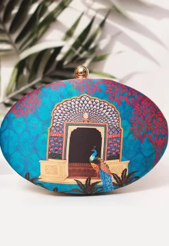 Digital Printed Satin Oval Clutch Bag in Blue