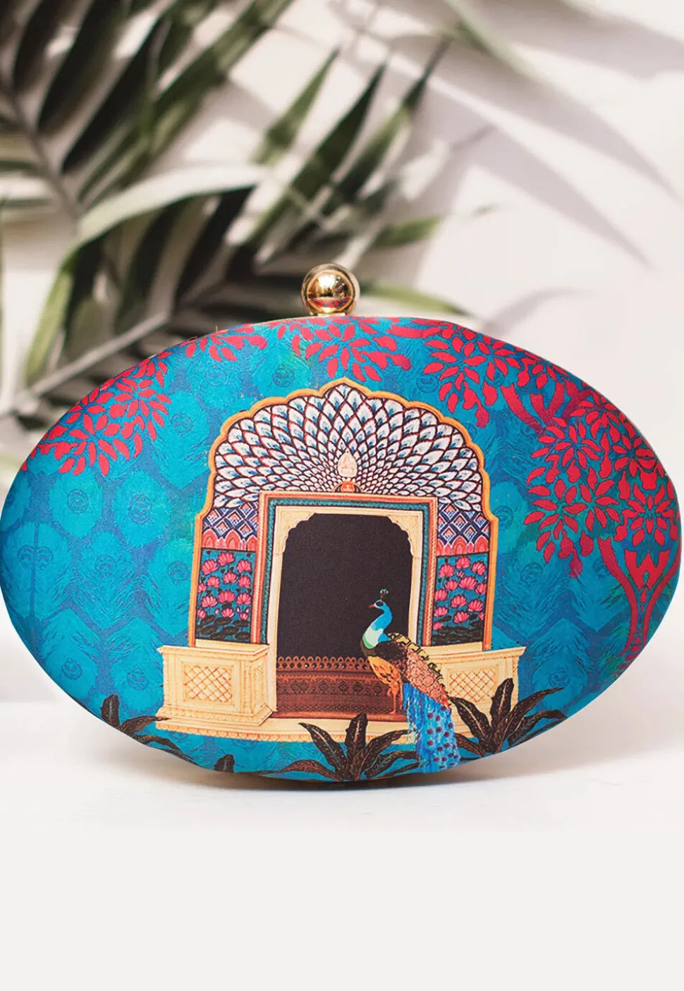 Digital Printed Satin Oval Clutch Bag in Blue