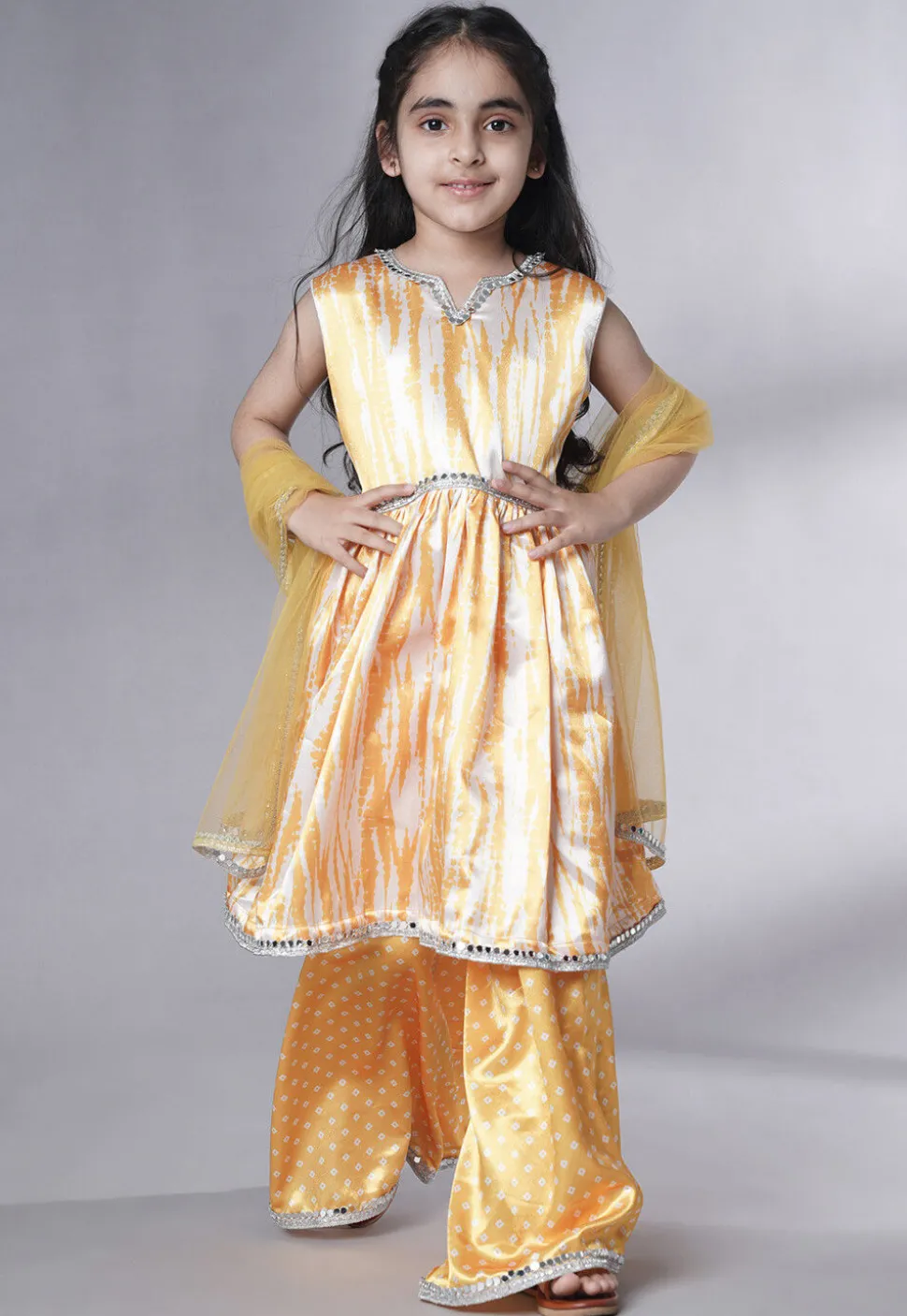 Digital Printed Satin Pakistani Suit in Yellow and Cream