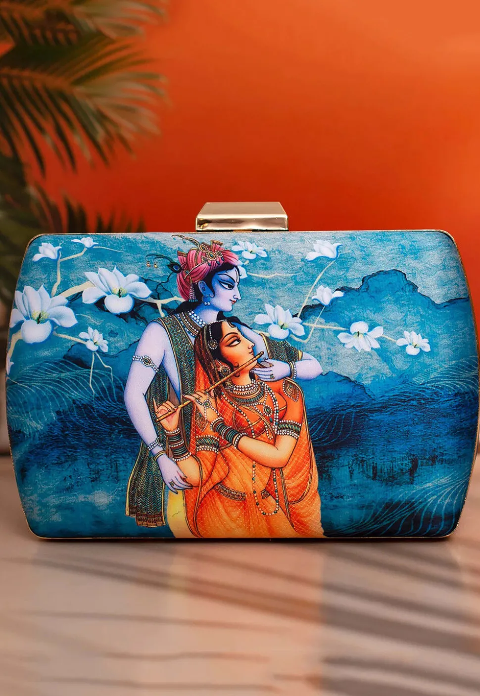 Digital Printed Satin Rectangular Clutch Bag in Blue