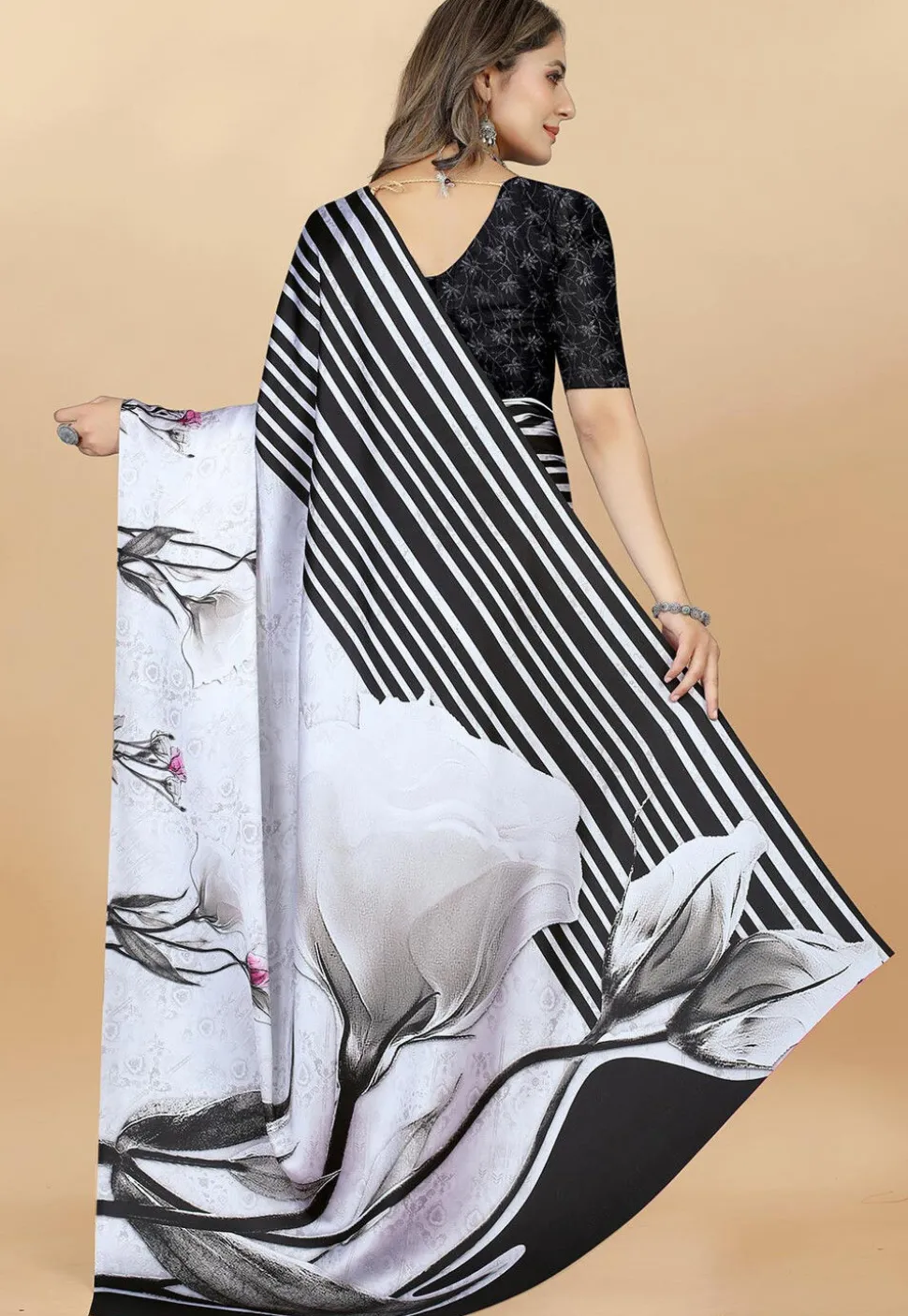 Digital Printed Satin Saree in Off White and Black