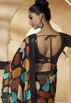 Digital Printed Satin Saree in Black