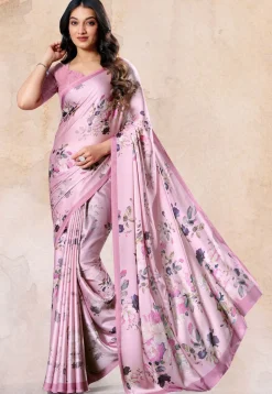 Digital Printed Satin Saree in Purple