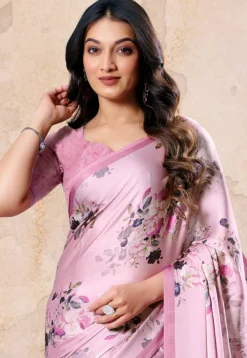 Digital Printed Satin Saree in Purple