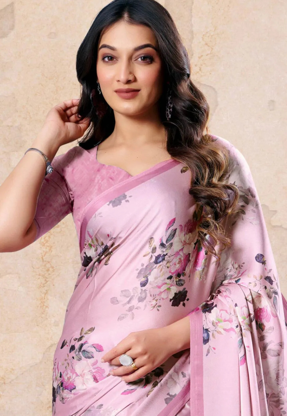 Digital Printed Satin Saree in Purple