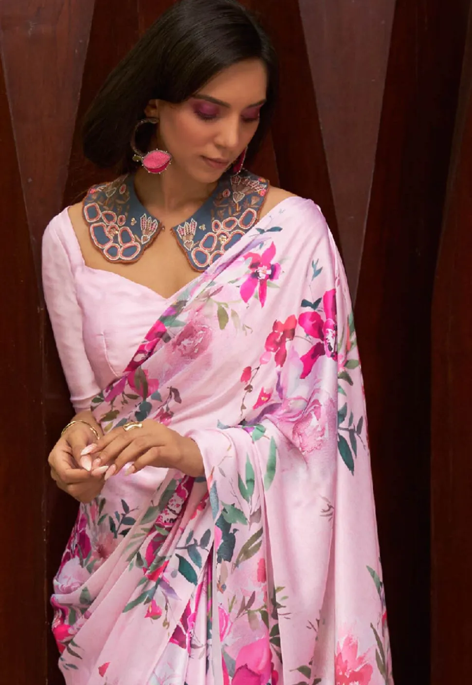 Digital Printed Satin Saree in Pink